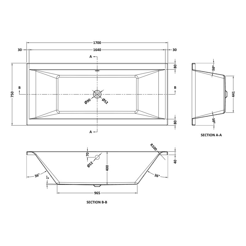 Asselby x Soaking Acrylic Bathtub, 170cm x 75cm