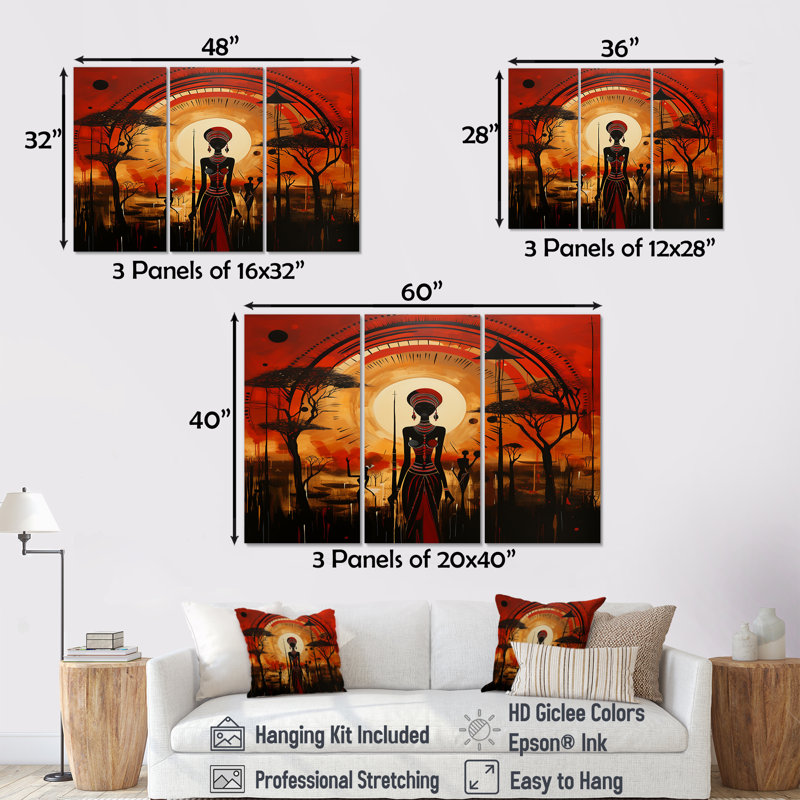 «African Silhouettes African Vision», ensemble d'art mural africain, Toile tendue, H 32 po x l 48 po x P 1 po