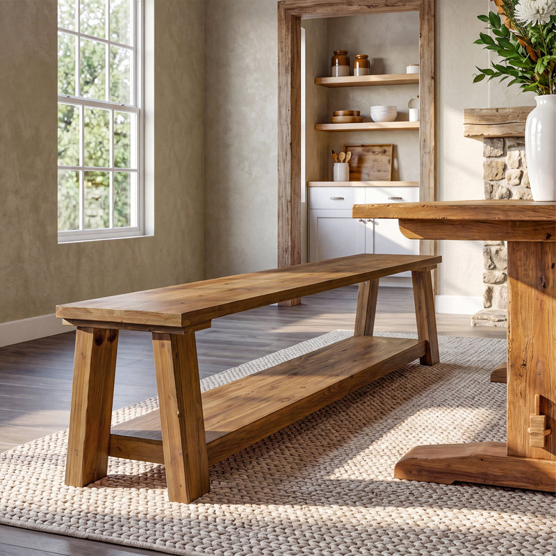 Banc de salle à manger 70,87 po en bois massif avec tablette de rangement pour salle à manger