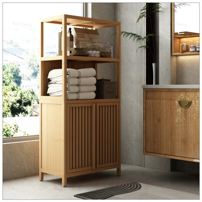 Bamboo Storage Cabinet with 2 Doors, Freestanding Organizer for Bathroom, Living Room, and Kitchen