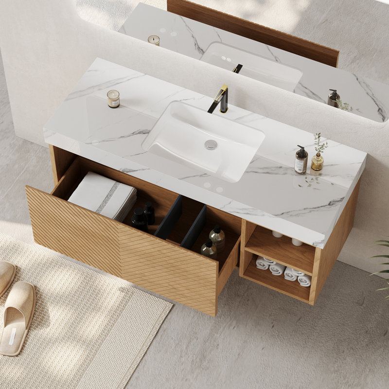 48" Modern Bathroom Cabinet with Drawers,Stone Top Wall Mounted Bathroom Vanities, White, Light Wood