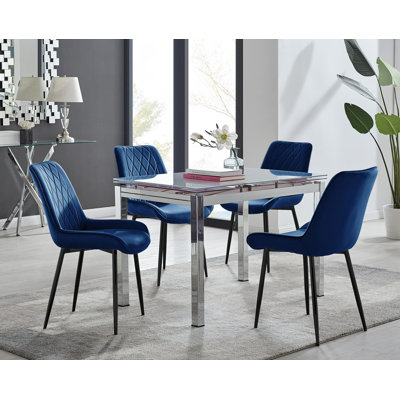 Ensemble de table de salle à manger extensible en verre et en métal Tierra et 4 chaises de salle à manger rembourrées en velours