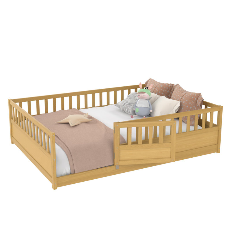 Full Size Montessori Floor Bed with Safety Fence & Door, Wooden Kids Bed Frame with Slats, Natural Finish, Natural, Full