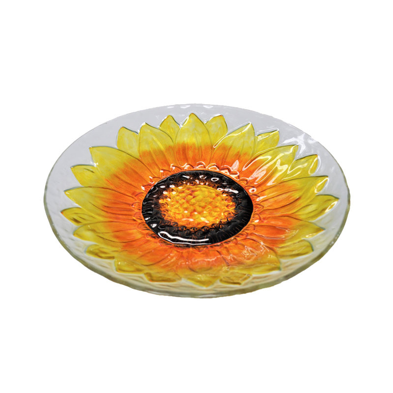 18" Hand Painted Yellow Sunflower Glass Bird Bath Bowl