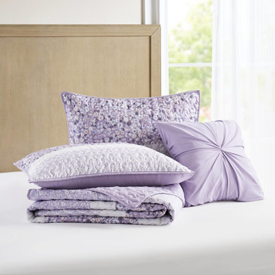 Ensemble de courtepointe et jetés 4 pièces en seersucker grand style, trois motifs floraux, taille de rembourrage avec aspect, microfibre imprimée, rembourrage, lavable à la machine