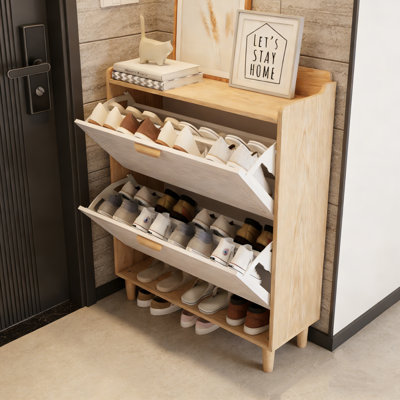 Shoe Storage Cabinet With 2 Flip Drawers, Shoes Organizer For Entryway, Narrow Hidden Shoe Rack With Legs & Open Storage, Freestanding Shoe Closet For Foyer, Hallway