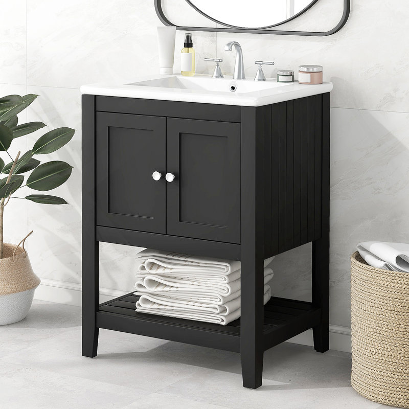 24" Black Modern Sleek Bathroom Vanity Elegant Ceramic Sink with Solid Wood Frame Open Style Shelf