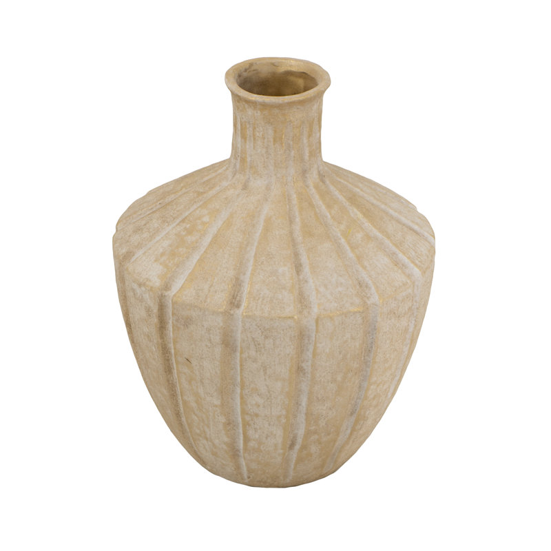 10X10x13.5" Ridged Terracotta Vase With Earthy Gold Finish