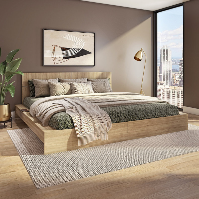  Lit plateforme avec tête de lit Zen OMEGA - Assemblage facile, aucun sommier requis, Beige, Grand lit