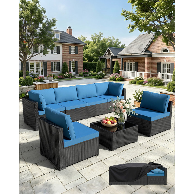  Patio Furniture Set - All-Weather,Water-Resistant - 7 Piece Patio Wicker Rattan Sectional Sofa, Modular Outdoor Conversation Set for Backyard, Garden, Poolside, Balcony