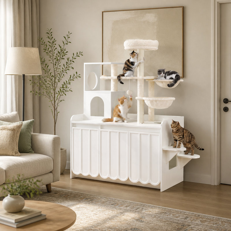Arbre à chat de 129 cm avec bac à litière intégré, tour à plusieurs niveaux avec griffoir en sisal et rangement, condo moderne tout-en-un pour chat