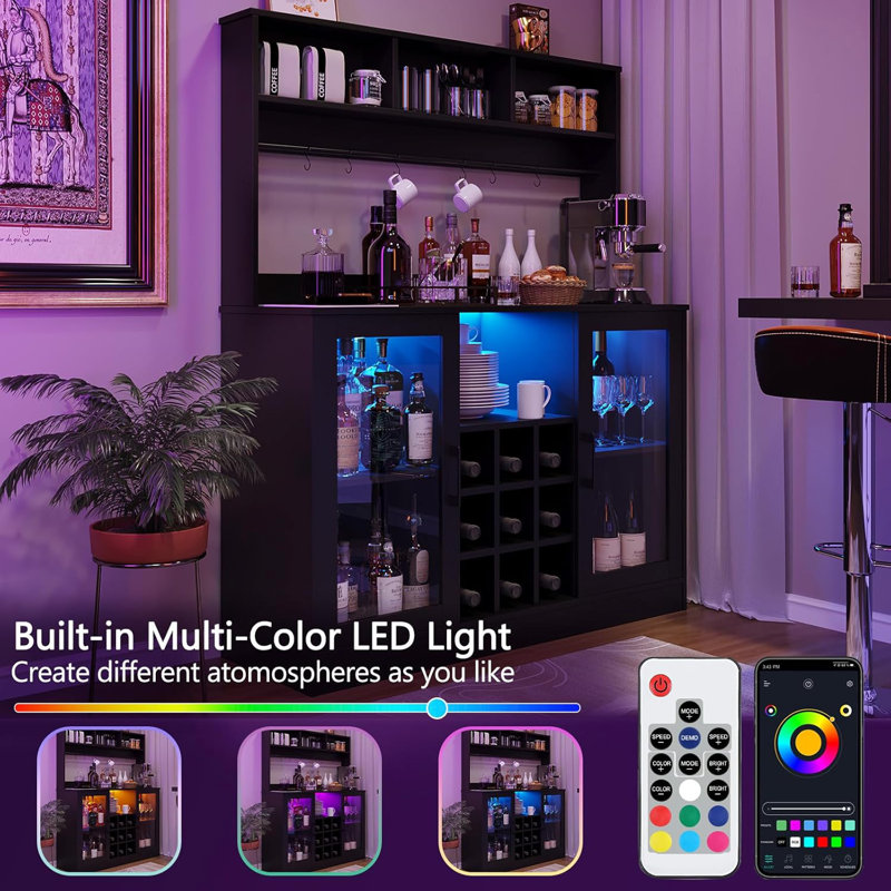 Coffee Bar Cabinet, Buffet Sideboard With Storage Shelf, Power Outlet, 6 Hooks,9 Wink Racks And Adjustable Shelf