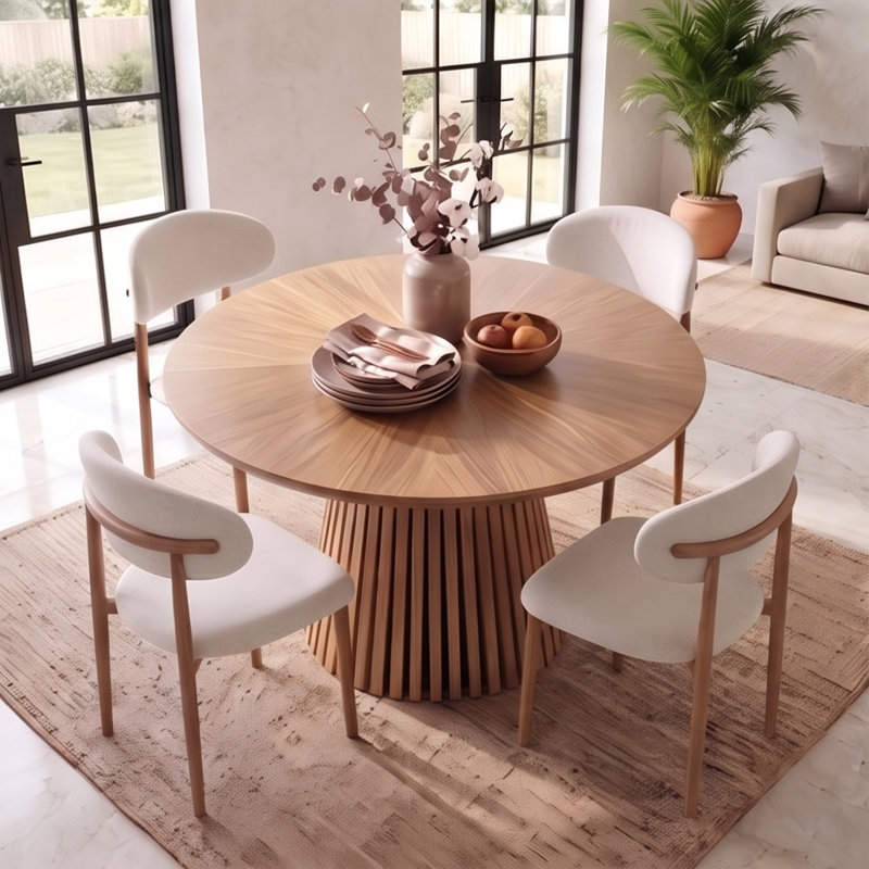 Ensemble de table de salle à manger ronde de 47 pouces avec 4 chaises rembourrées en chenille, Natural Wood