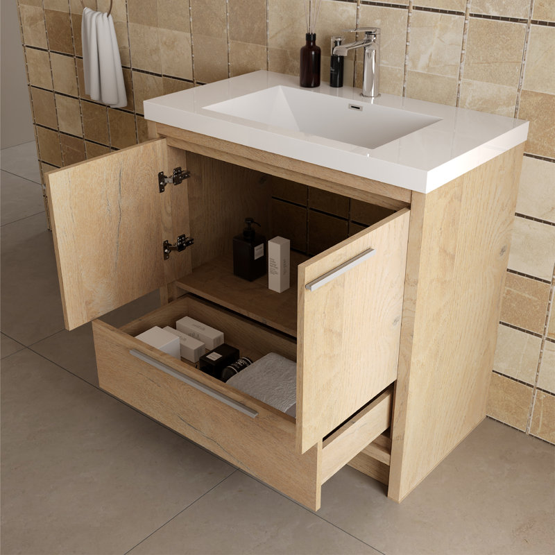 Meuble-lavabo simple 24 po avec plateau en pierre blanc brillant, 1 tiroir, 2 portes, moderne, 24"