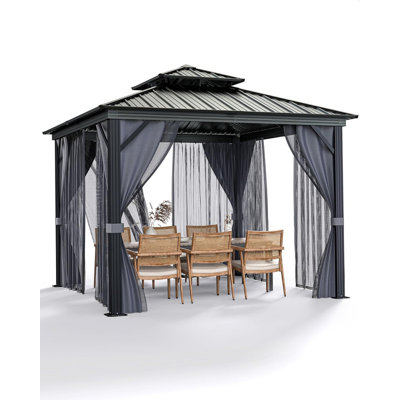 Hardtop Gazebo with Double Metal Roof, Aluminum Frame & Netting for All Weather Outdoor Use