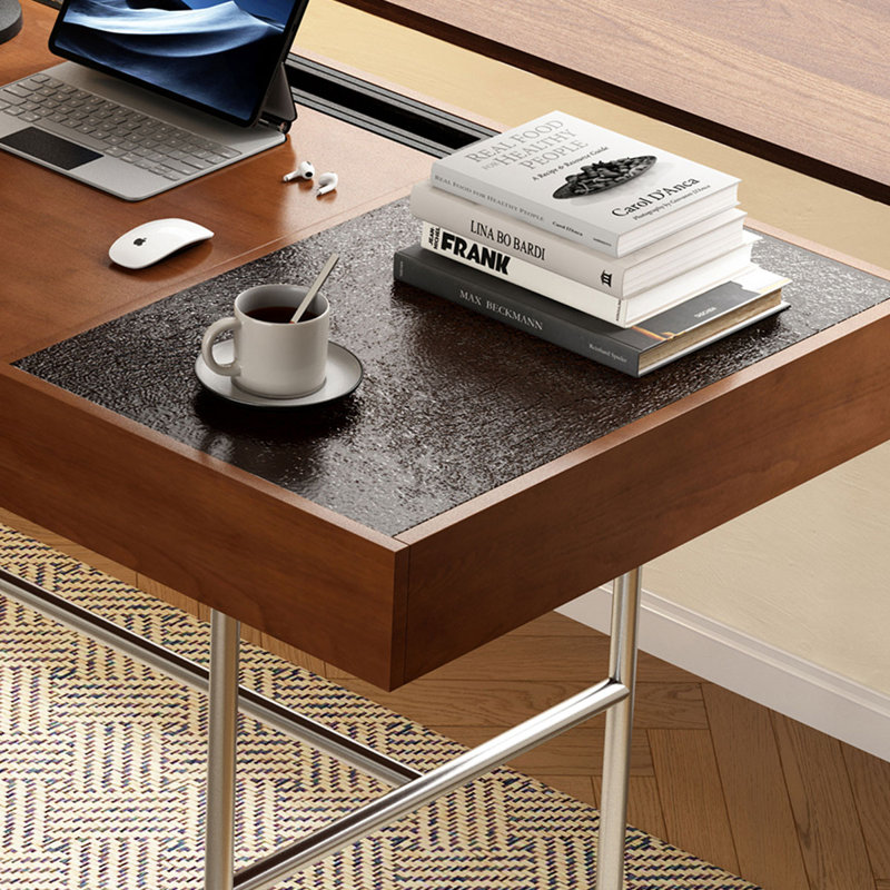 Brown+Black+Silver Rectangular Solid Wood+Glass+Stainless Steel desks, 29.53" H x 70.87" W x 27.56" D
