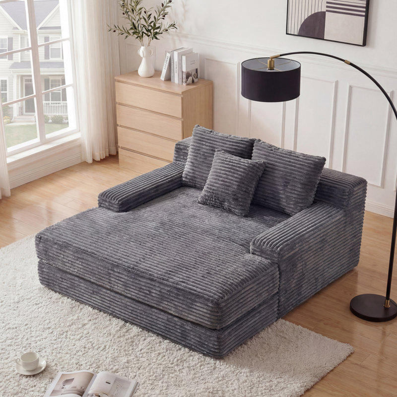 Méridienne surdimensionnée en flanelle 65,35 po pour salon avec 2 coussins de dossier et 1 coussin décoratif, rembourrage en mousse pure, sans assemblage requis, gris
