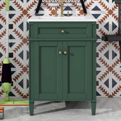 Meuble-lavabo de salle de bain 24 po avec lavabo, armoire de rangement moderne avec 2 portes à fermeture douce et un tiroir basculant, structure en bois massif