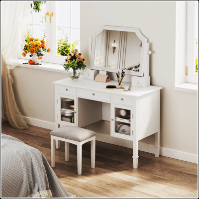44.4-Inch Makeup Vanity Desk With Adjustable Mirror, Spacious Storage, And Elegant Design For Modern Bedrooms