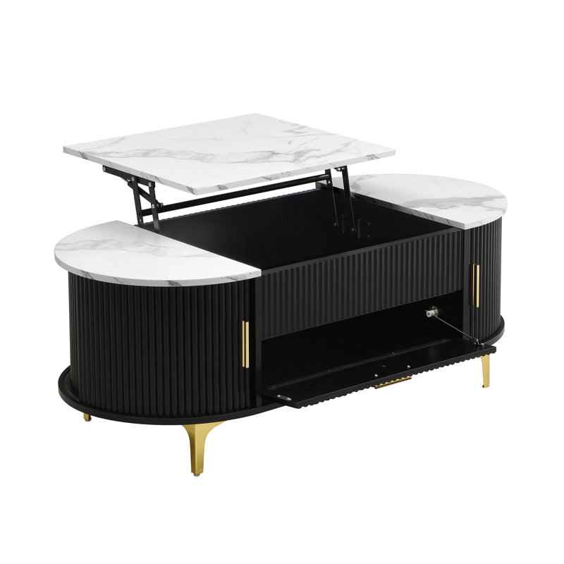 Liora Mid-Century Modern Lift Top Coffee Table With Sliding Doors And Storage Drawer, Black
