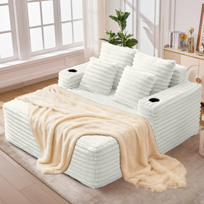 Oversized 53" White Corduroy Sofa Bed Chaise Lounge, No Assembly, Cup Holder