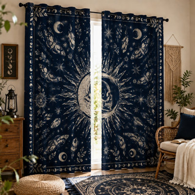 2 pièces de rideaux bloquant le soleil avec motif de crâne de lune céleste, tapisserie de style bohème, art rétro du soleil et des étoiles, anneau décoratif pour le salon, la chambre à coucher et le salon