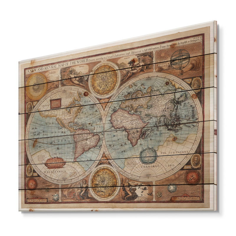 Ancienne carte du monde - impression rétro sur bois de pin naturel, H 30 po x l 40 po x P 0,78 po