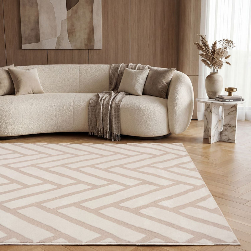Loft Modern Chevron Living Room Area Rug and Runner Soft Pile, Rectangle 80 x 150 cm, Beige/Ivory
