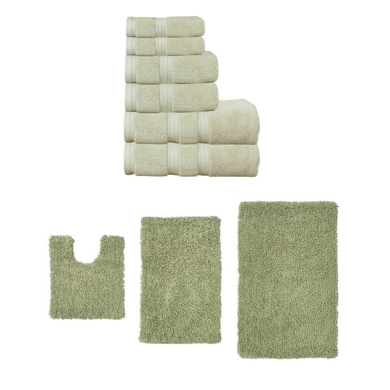 Bruno Collection 100% Soft Cotton 6 Pc Towel Set & 3 Pc Bath Rug Set, (Set of 9), Green