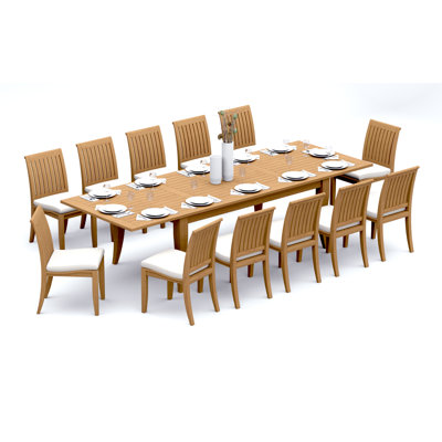 10 Seats 11 Pcs Grade-A Teak Wood Dining Set: 122" Atnas Double Extension Rectangle Table And 10 Lagos Armless Chairs #11LG2800