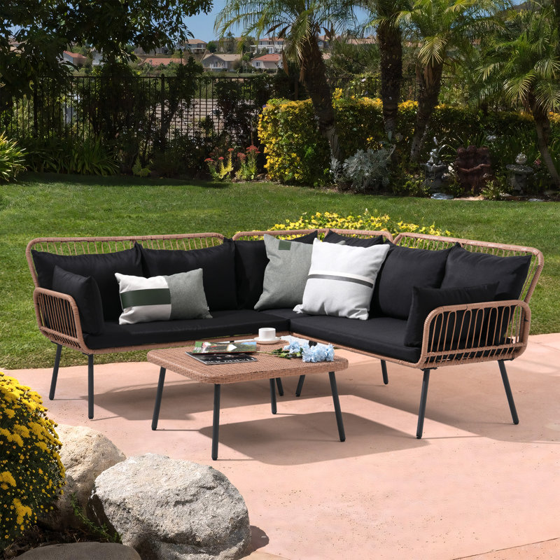  L-Shape Outdoor 5-Person Sofa Seating Group With Cushions, Black