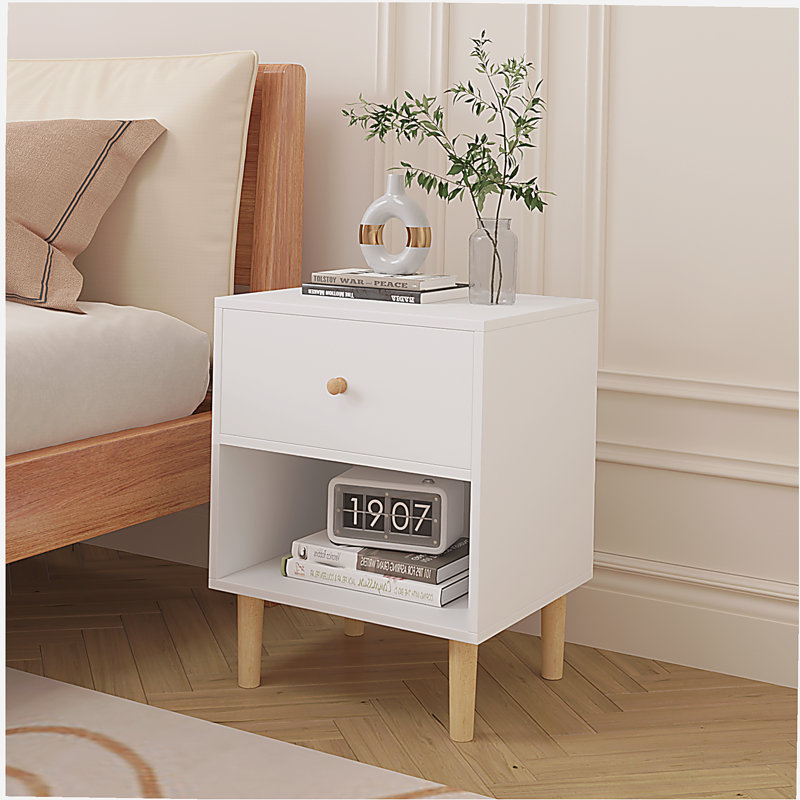 Table de chevet en bois de 23,22 pouces de hauteur avec un tiroir et une tablette, adaptée aux enfants et aux adultes, blanc