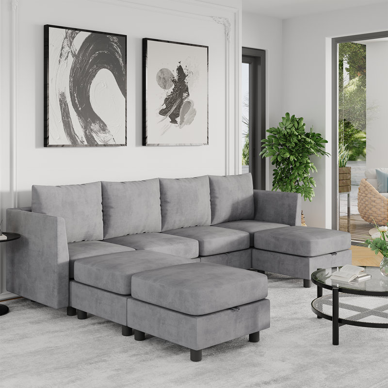 Canapé modulaire en U rembourré en chenille, H 35,83 po x l 104,7 po x P 76 po, Chenille beige