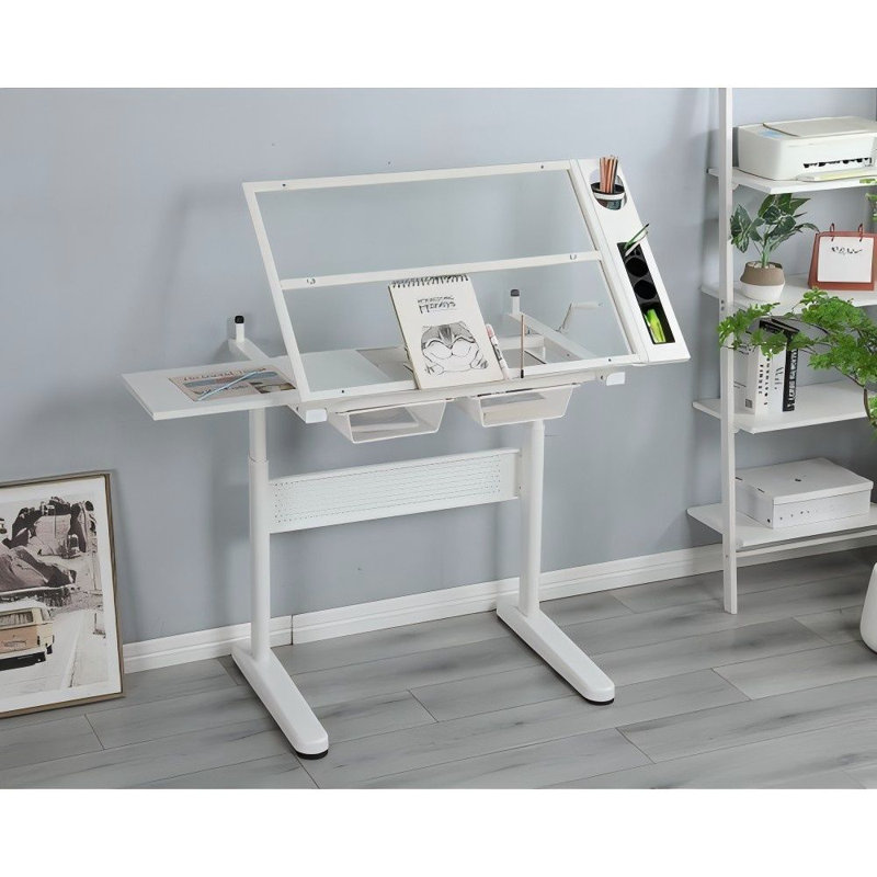 Table à dessin à manivelle réglable avec 2 tiroirs en métal (blanc) et tabouret