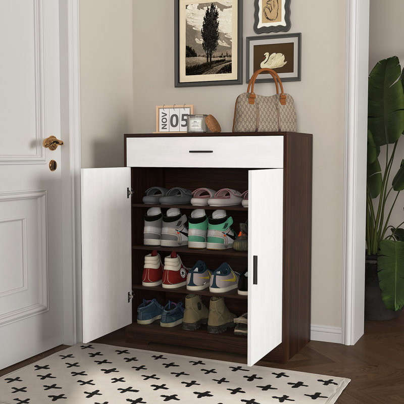 Shoe Cabinet, 4-Tier Shoe Rack Organizer With 1 Drawer, Freestanding Wooden Shoe Storage Cabinet With 2  Door & Adjustable Shelves For Entryway Hallway