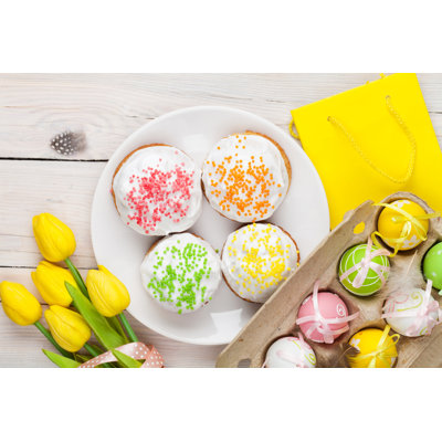 Easter With Yellow Tulips, Colorful Eggs And Traditional Cakes - Wrapped Canvas Print