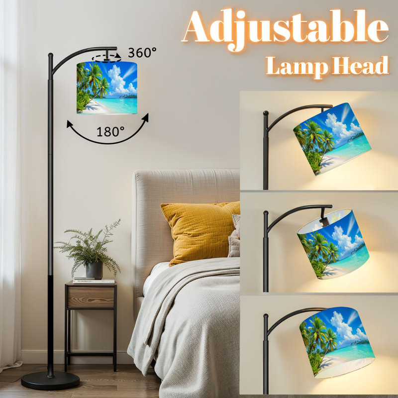 Lampe sur pied à arc avec abat-jour réglable plage tropicale palmiers turquoise eau côtière paysage debout lampe 3 températures de couleur à intensité variable haute lampe sur pied avec interrupteur au pied pour la chambre à coucher