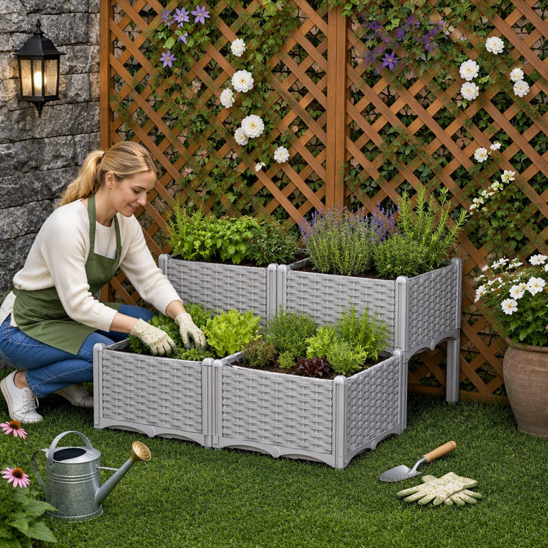 Jardinière surélevée en rotin, composée de 4 pièces avec pattes, pour fleurs et herbes aromatiques.