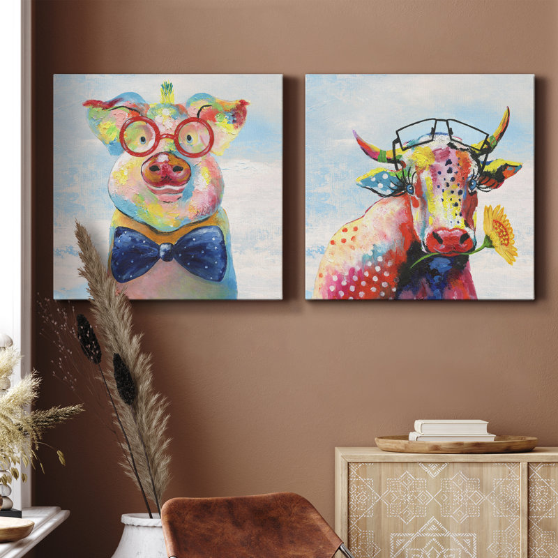 Groovy Pig and Sky - ensemble de 2 peintures, H 24 po x l 48 po x P 1 po, Toile tendue