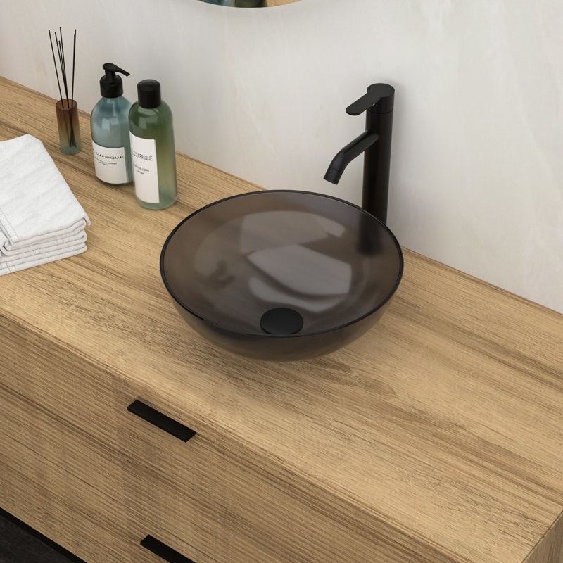 Lavabo de salle de bain Wimer avec verre trempé gris et drain escamotable fiable de 16,32 x 16,32 x 5,31 po