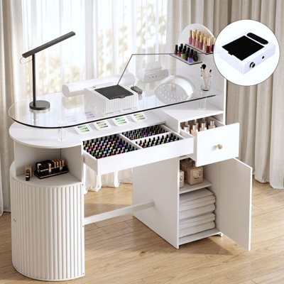 Manicure Table with Dust Collector, Professional Nail Tech Desk with Tempered Glass Top, Storage Cabinet & Drawer