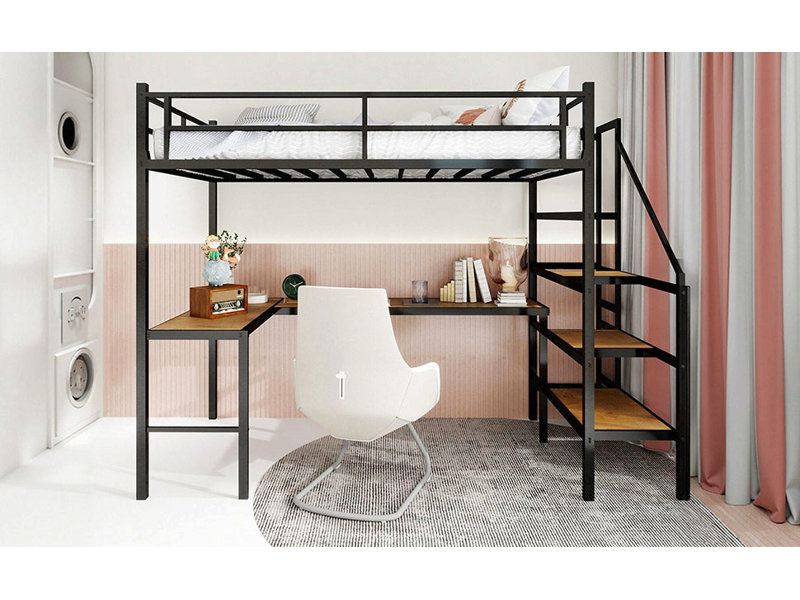 Lit mezzanine avec bureau en forme de L, grand espace de rangement et compartiments de rangement, structure de lit robuste avec escalier, garde-corps continu, peu encombrant, silencieux, sans ressorts éléphants requis