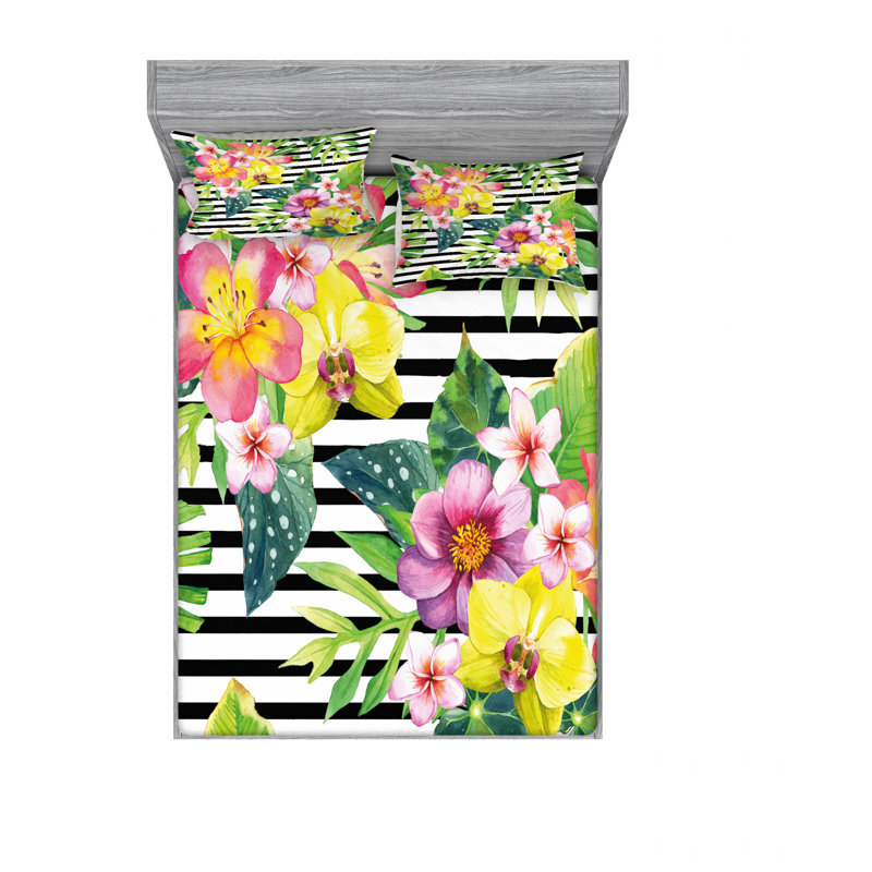 Microfiber Floral Sheet Set, Bouquet with Lily Palm Floral, Queen Sheet Set with Fitted Sheet