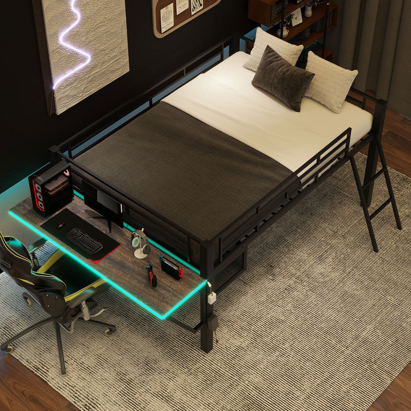 Full Size Gaming Loft Bed with Desk, LED and Shelf, Metal Bed Frame with Mesh Undercarriage Storage, Full