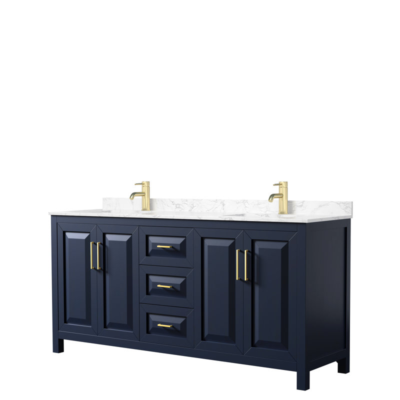 Daria 72'' W Double Vanity, Dark Blue, Carrara Cultured Marble, Brushed Gold