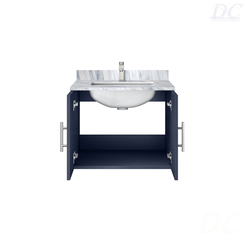 Meuble-lavabo de salle de bain 24 po X P 22 po D, dessus en marbre de Carrare et ensemble de robinet, Marine, L 24 po