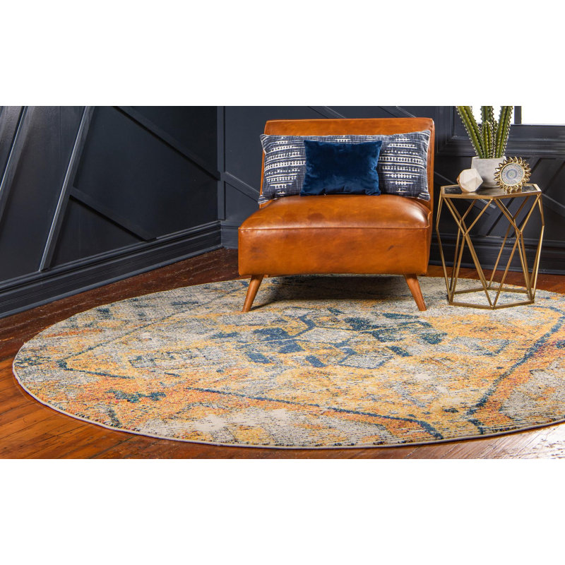 Ector Washable Geometric Indoor Rug, Round 8' 