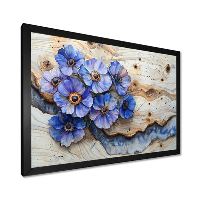 Fleurs bleues turquoise et paysage de rivière en bois II - Art mural grand bleuet