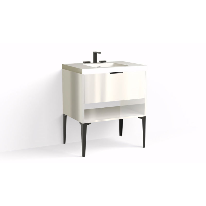 Modo 30" W Freestanding Single Bathroom Vanity with Dean Leg, Matte White/8" Widespread, Matte Black, White Acrylic