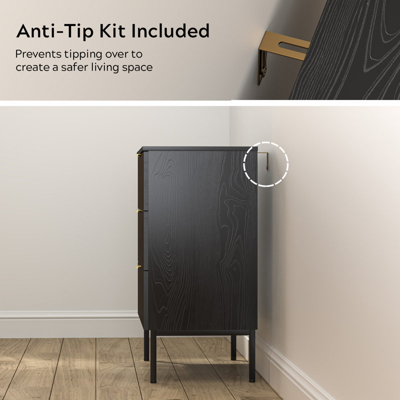 Fluted 3 Drawer Dresser With Metal Legs, Black